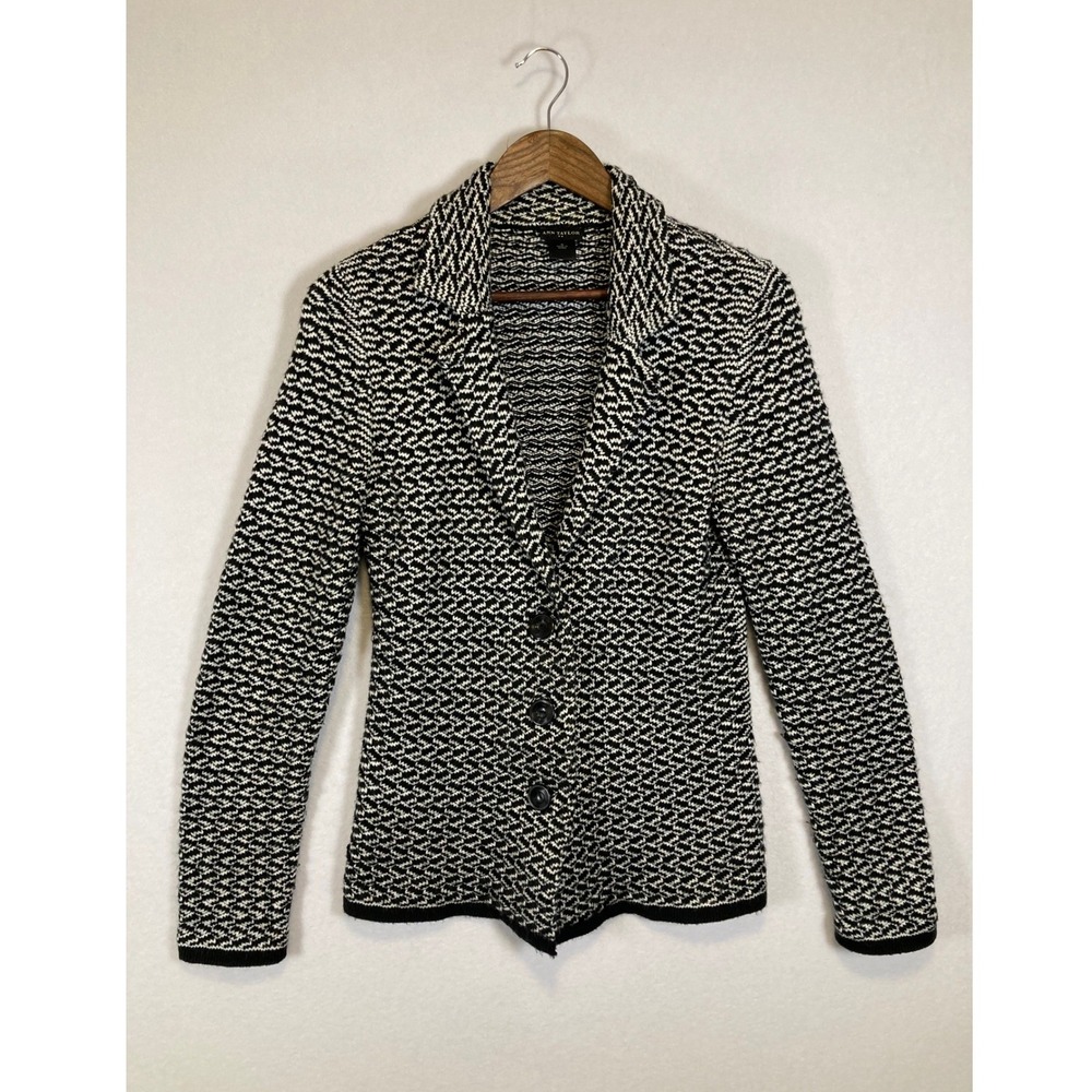 Professional Ann Taylor Womens Small Black White Textured Knit‎ 3-Button Blazer